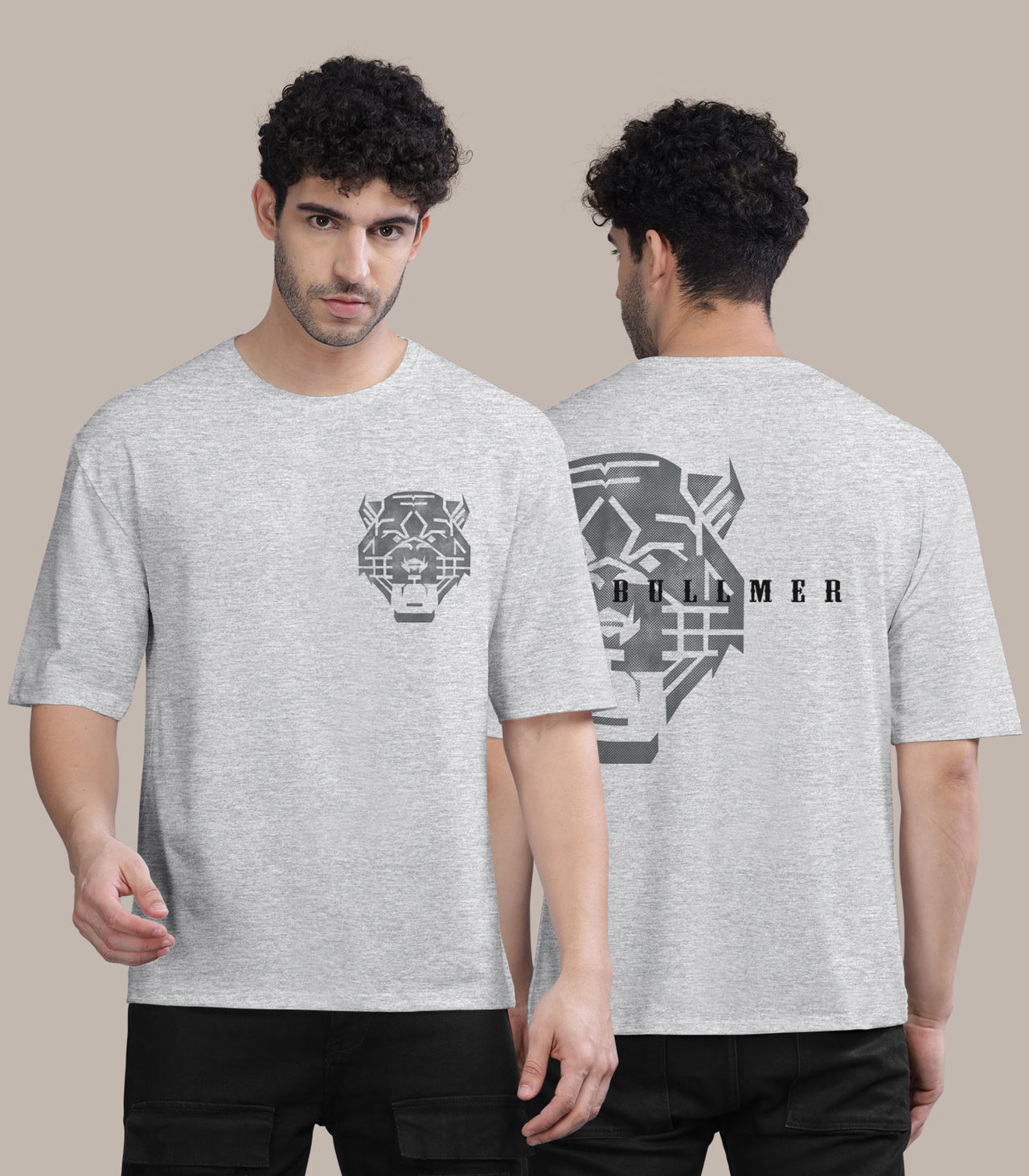 Bullmer Men's Oversized T-shirt Front and Back Printed | White Melange | XL