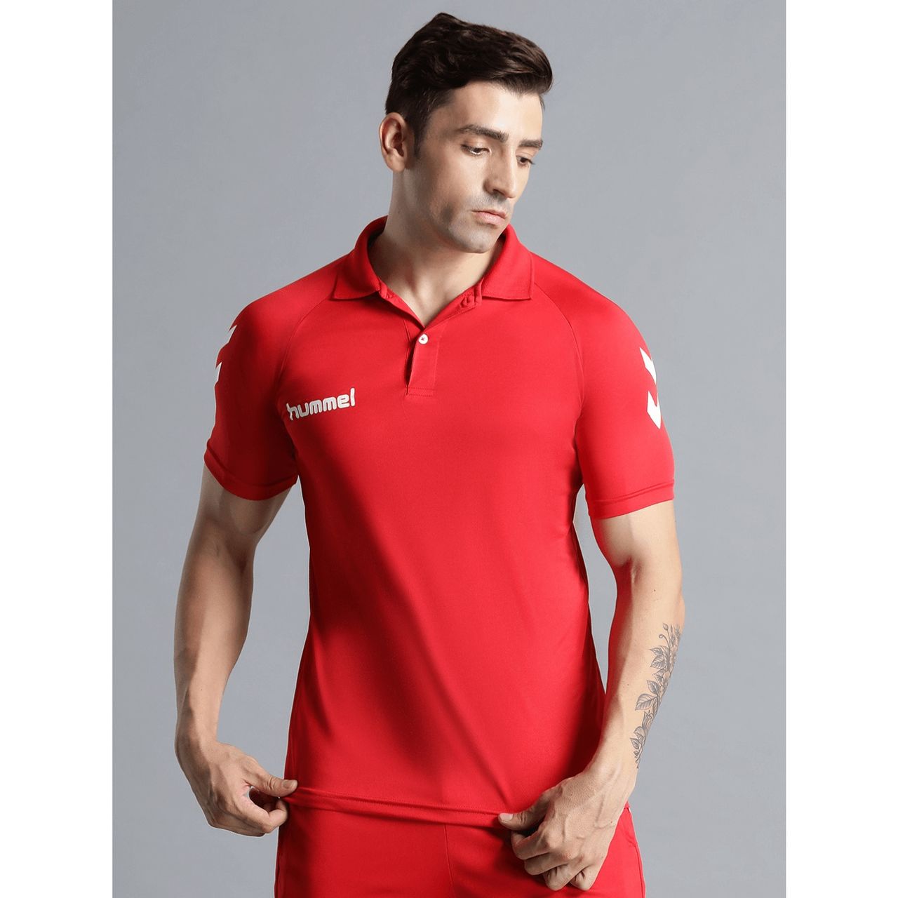 hummel Men's Core Functional Polo Neck Solid Regular Fit Gym T-shirt | True Red - XL