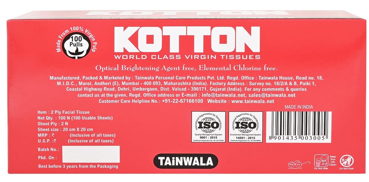 Kotton Facial Tissues Box - 2 Ply - 100% Virgin Pulp-Paper Box 100 pc - Pack of 2
