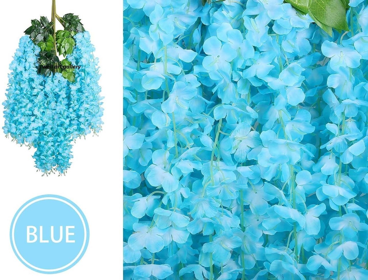 Well Art Gallery Artificial Wisteria Hanging Flowers Vines String Decorations (Pack Of 6,Sky Blue)