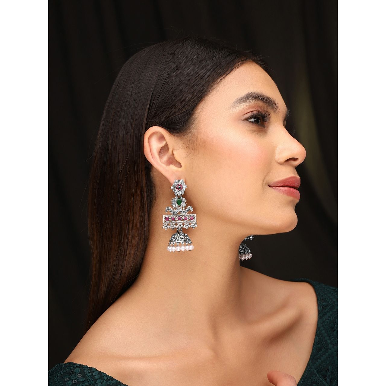 Priyaasi Gold Plated Ruby Stone Studded Temple Chandbali Earrings