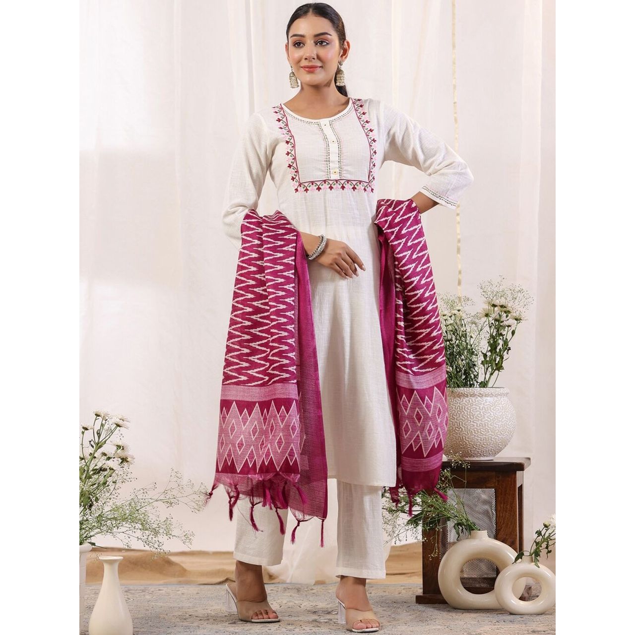 Anubhutee Women's Ethnic Straight Cotton Blend Kurta Set with Dupatta | Off White - M