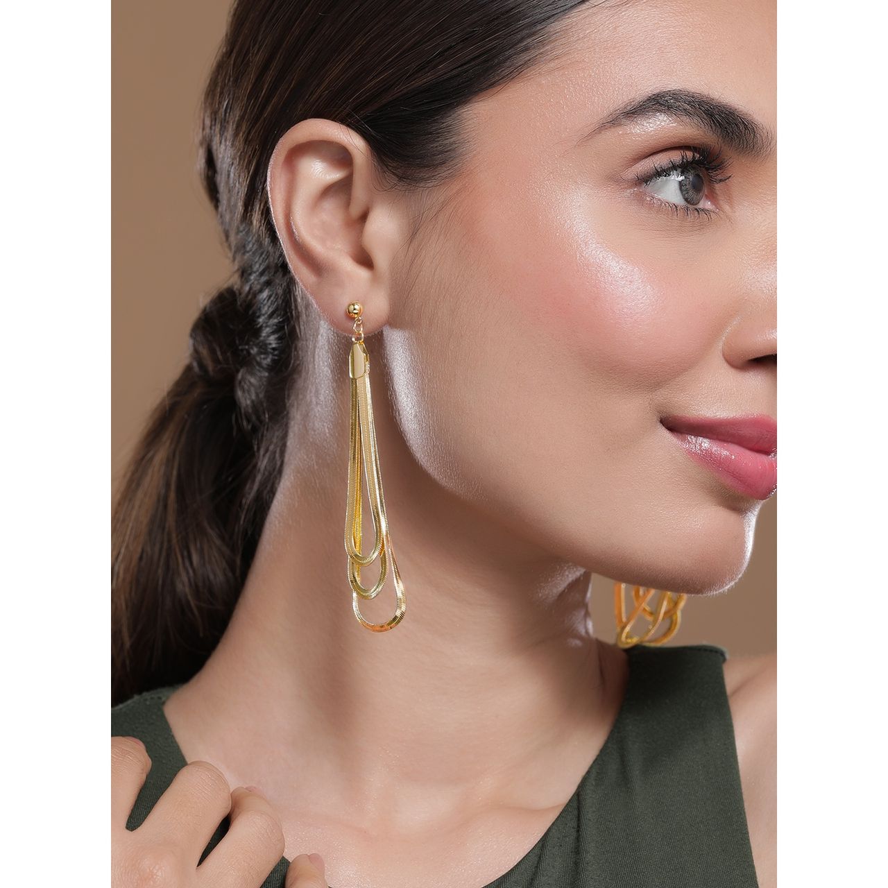Rubans 18K Gold Plated Multi-Layered Long Dangle Earrings with Teardrop Design