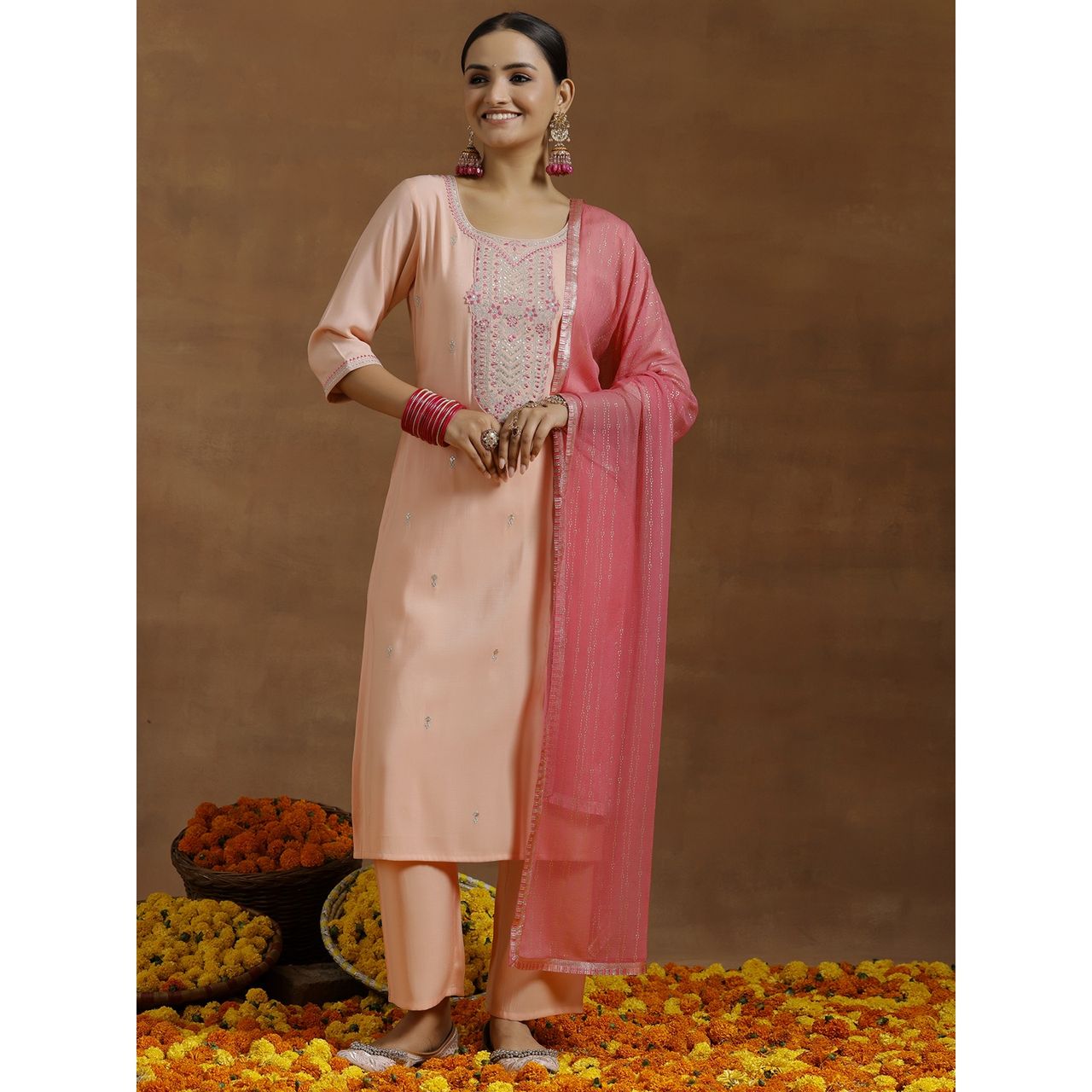 Libas Women's Peach Yoke Design Silk Blend Straight Suit With Dupatta | L