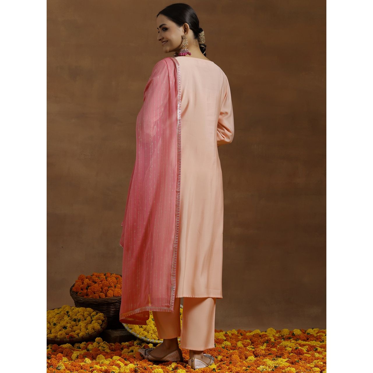 Libas Women's Peach Yoke Design Silk Blend Straight Suit With Dupatta | L