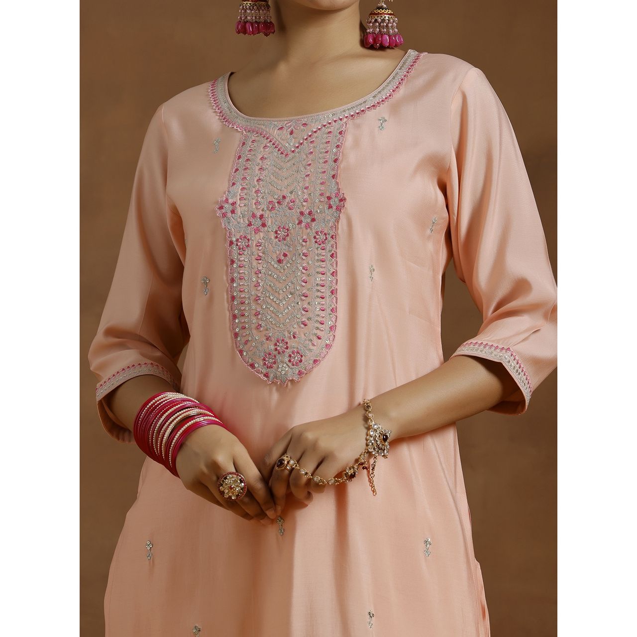 Libas Women's Peach Yoke Design Silk Blend Straight Suit With Dupatta | L