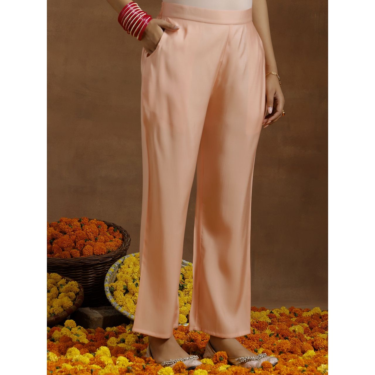 Libas Women's Peach Yoke Design Silk Blend Straight Suit With Dupatta | L