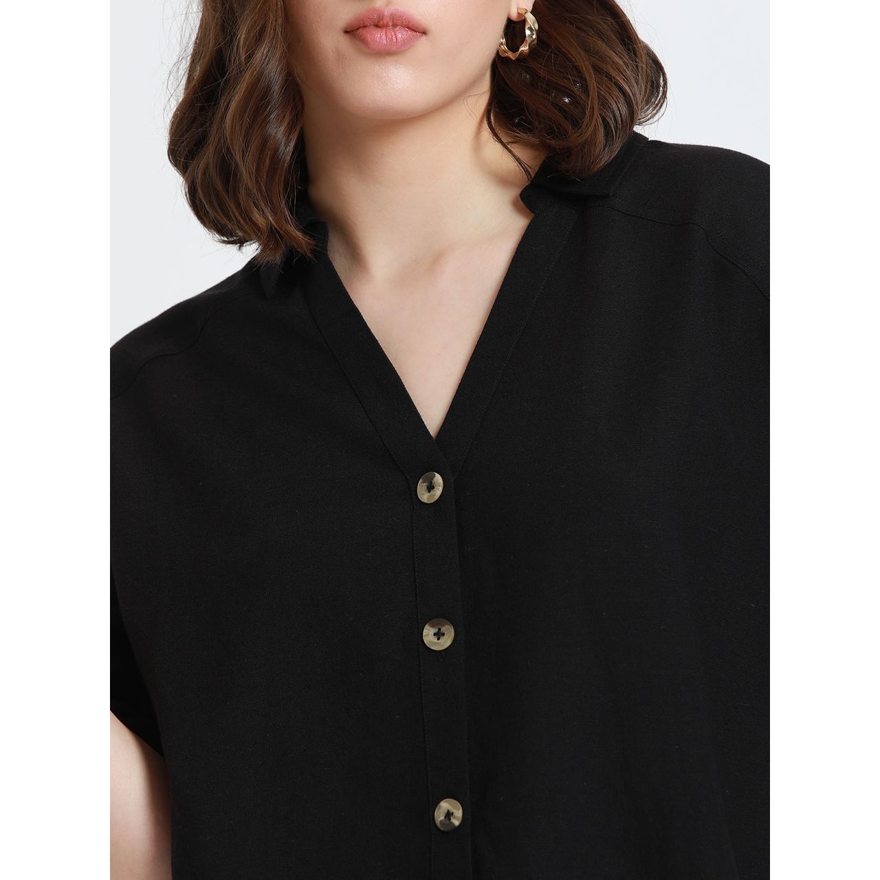 DL Women's Drop Shoulder Casual Oversized Shirt | DLWSHW23005 | Black - L