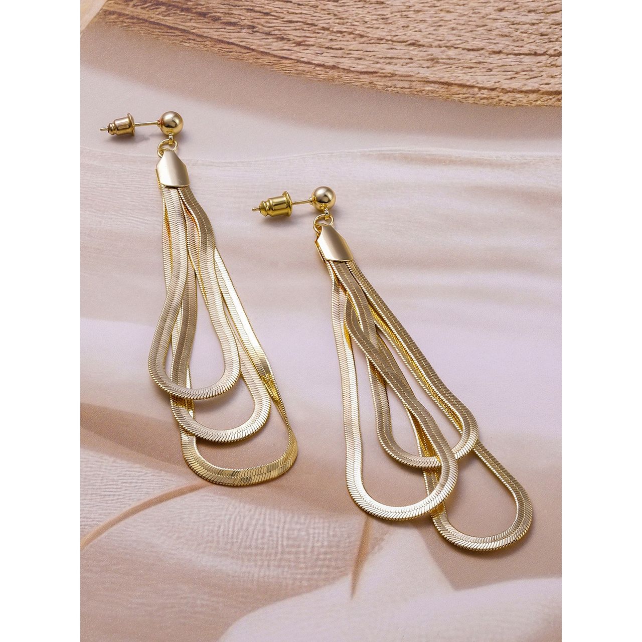 Rubans 18K Gold Plated Multi-Layered Long Dangle Earrings with Teardrop Design