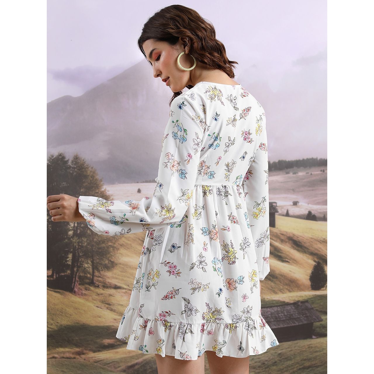 Ketch Women's Floral Printed Cuffed Sleeve Ruffled Wrap Dress | Off White | Xl