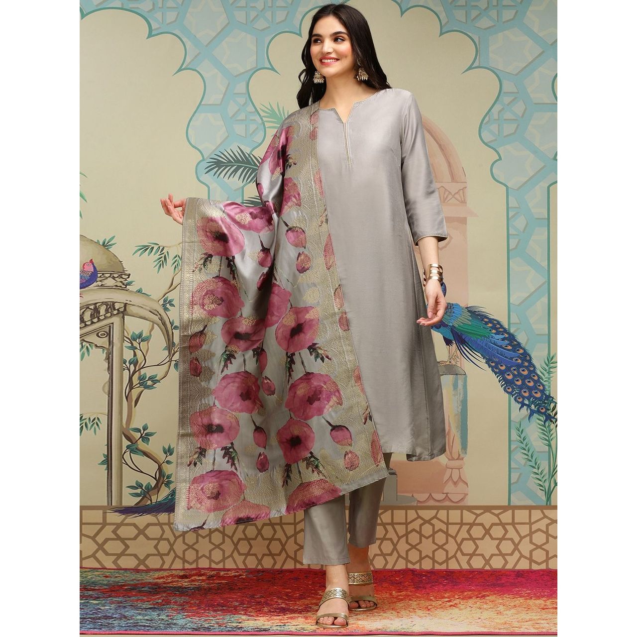 Ishin Women Kurta Set with Dupatta | INWSDS24400 | Grey - M