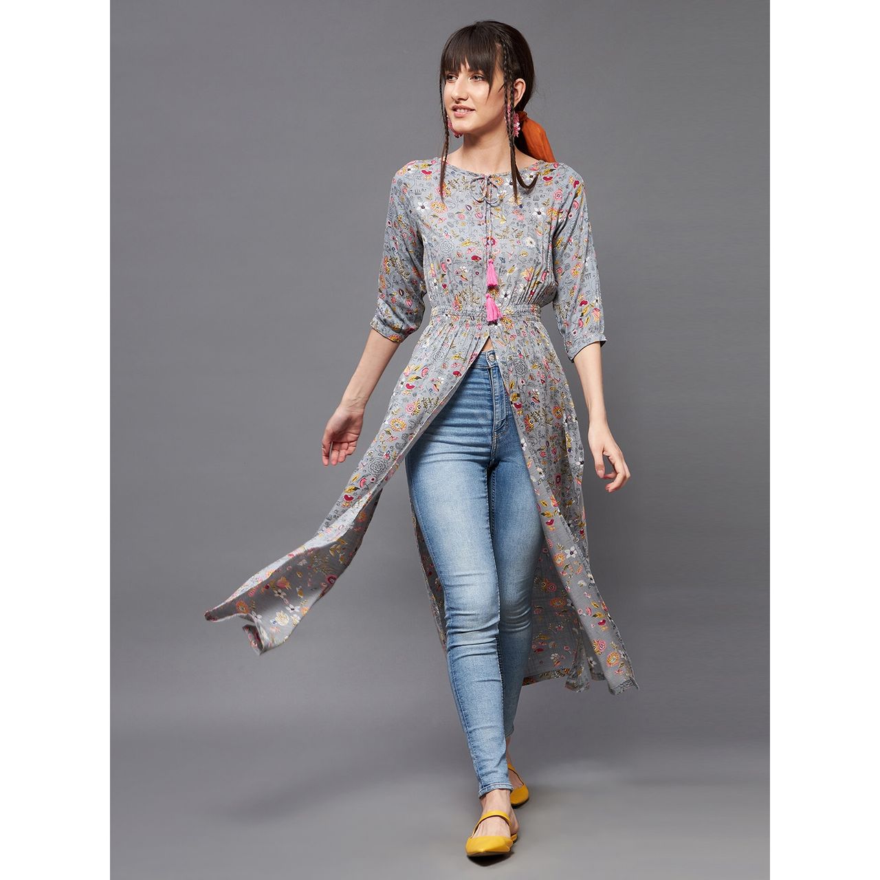 Miss Chase Write Your Name Tie - Up Maxi Top | Multicolored | Base-Grey - L