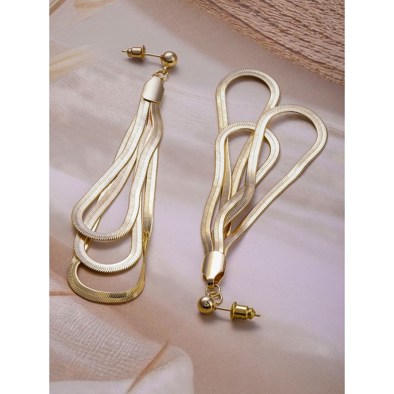 Rubans 18K Gold Plated Multi-Layered Long Dangle Earrings with Teardrop Design