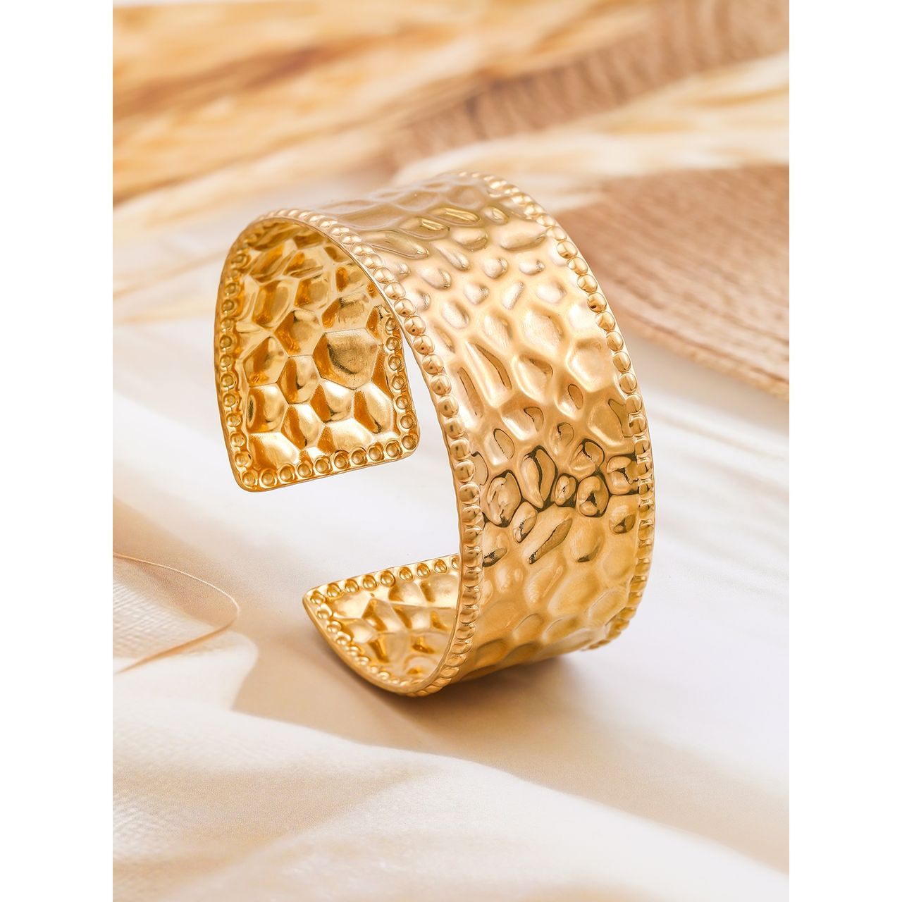 Rubans 22K Gold-Plated Textured Free Size Statement Cuff Bracelet