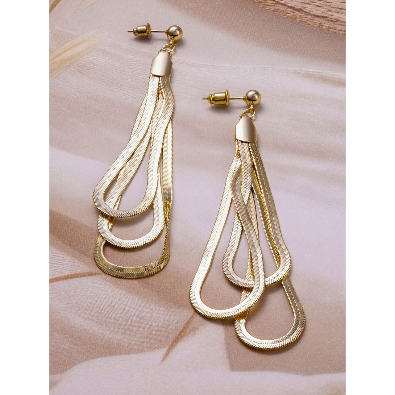 Rubans 18K Gold Plated Multi-Layered Long Dangle Earrings with Teardrop Design