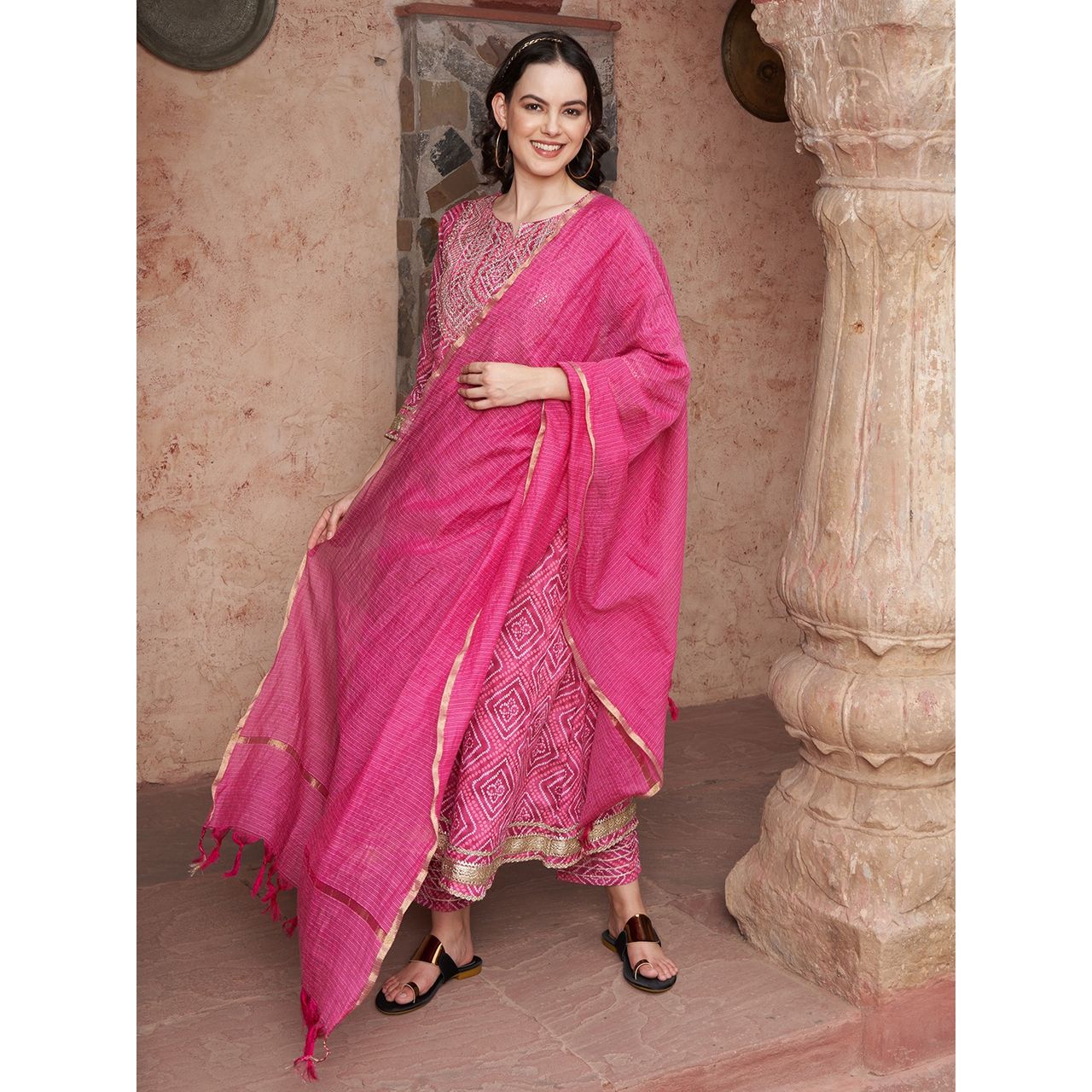 Bandia Women's Bandhej Sequins Anarkali Kurta Trouser Set with Dupatta | BANKS0048 | Wine | S
