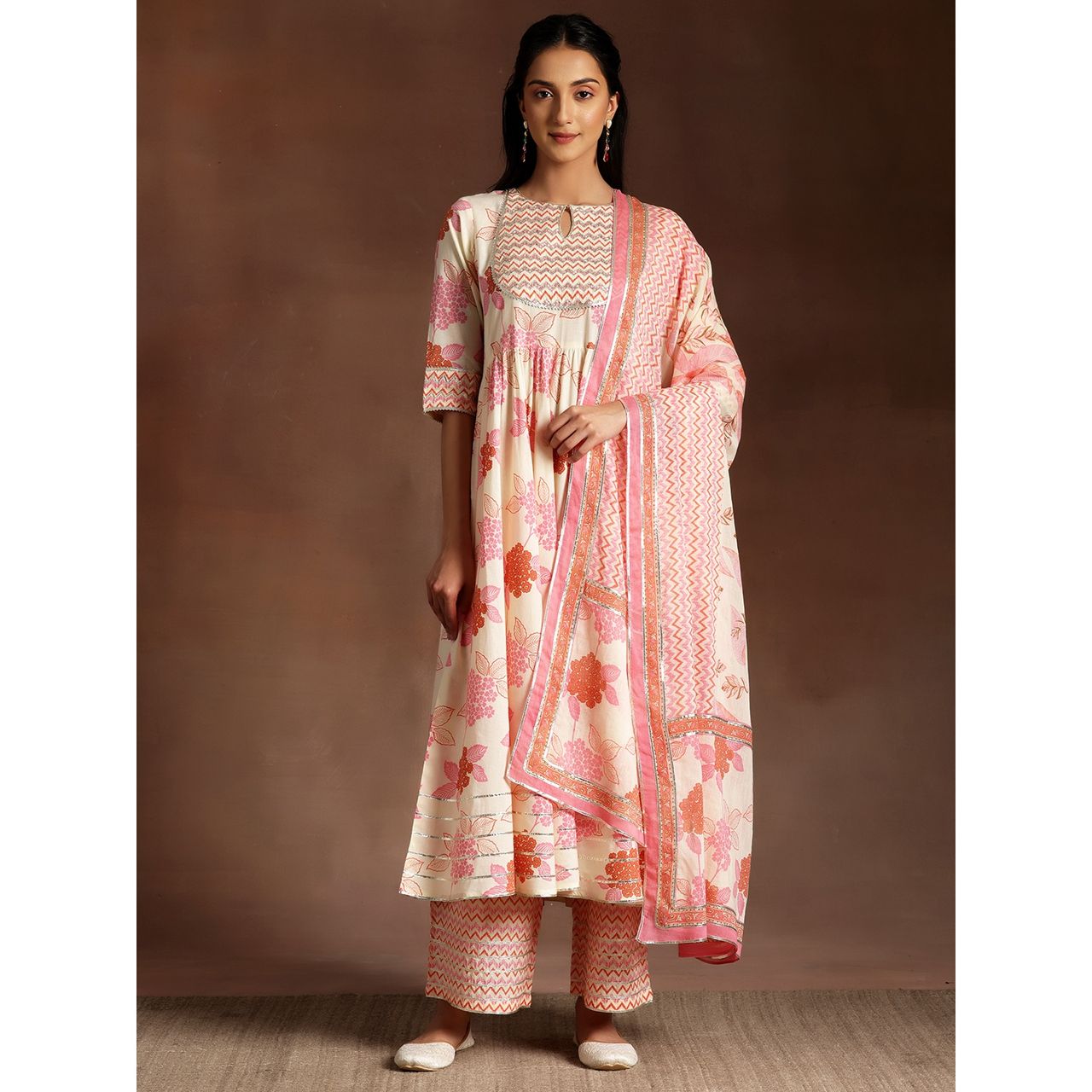 Libas Women's Orange Printed Cotton Anarkali Suit With Dupatta | M