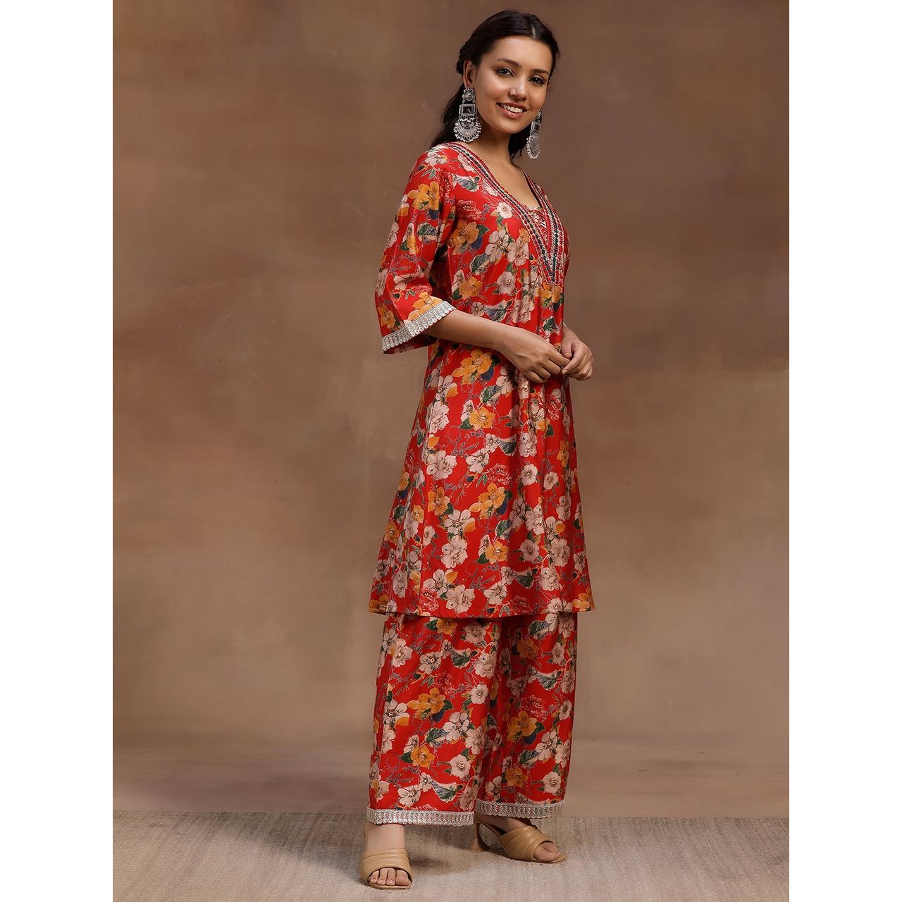 Libas Women's Red Printed Silk Blend Co-Ords | S