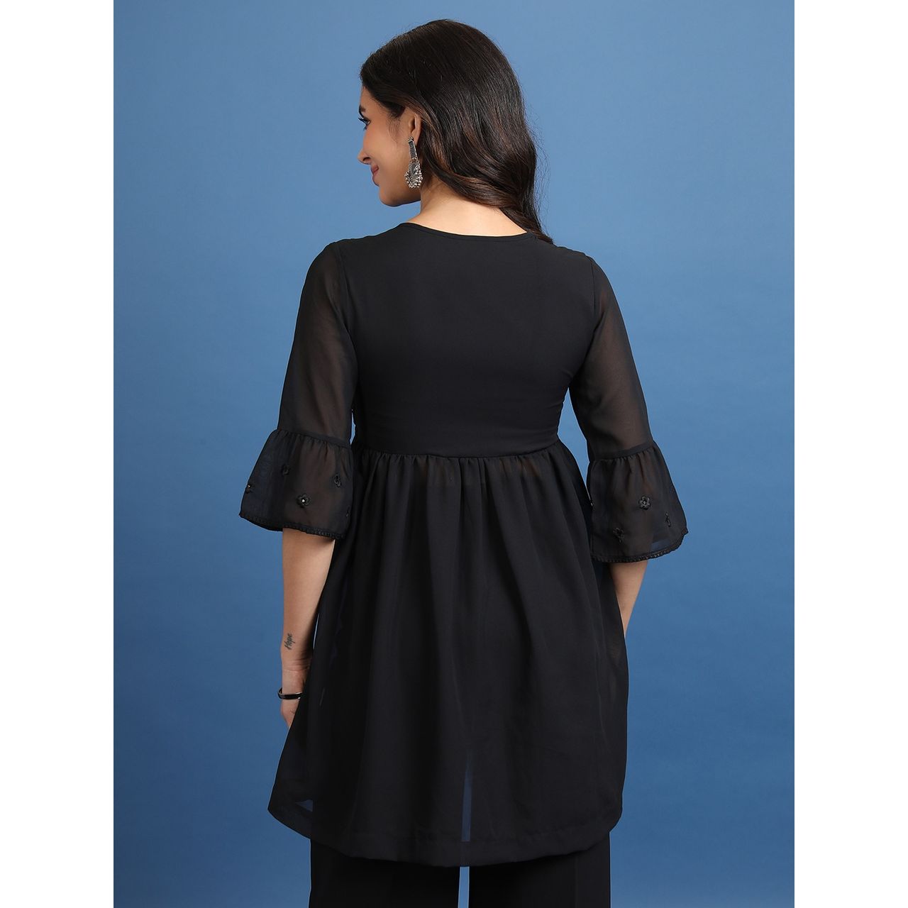 Ketch Women's Floral Embroidered Sequinned A-Line Angrakha Kurti | Black | Xl