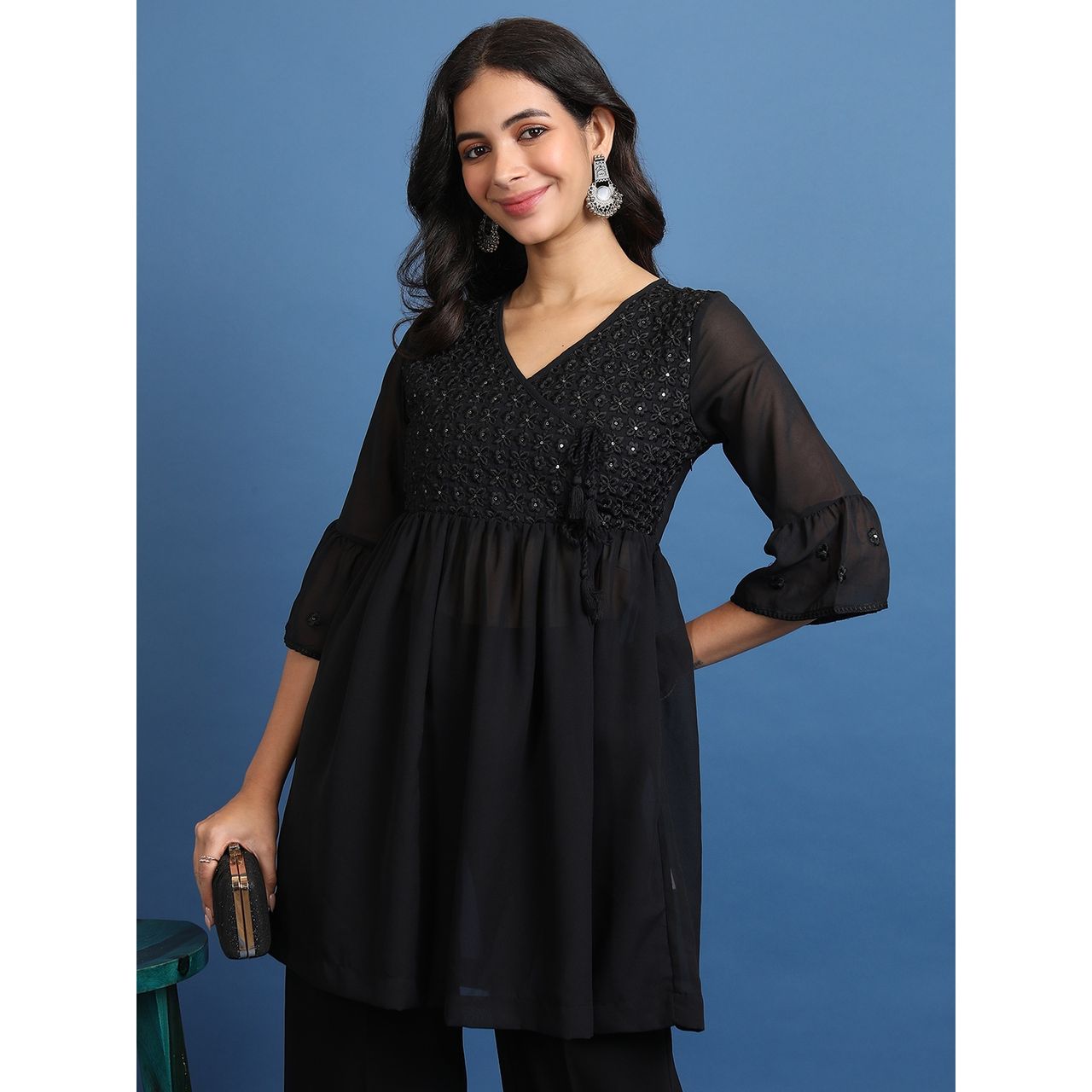 Ketch Women's Floral Embroidered Sequinned A-Line Angrakha Kurti | Black | Xl