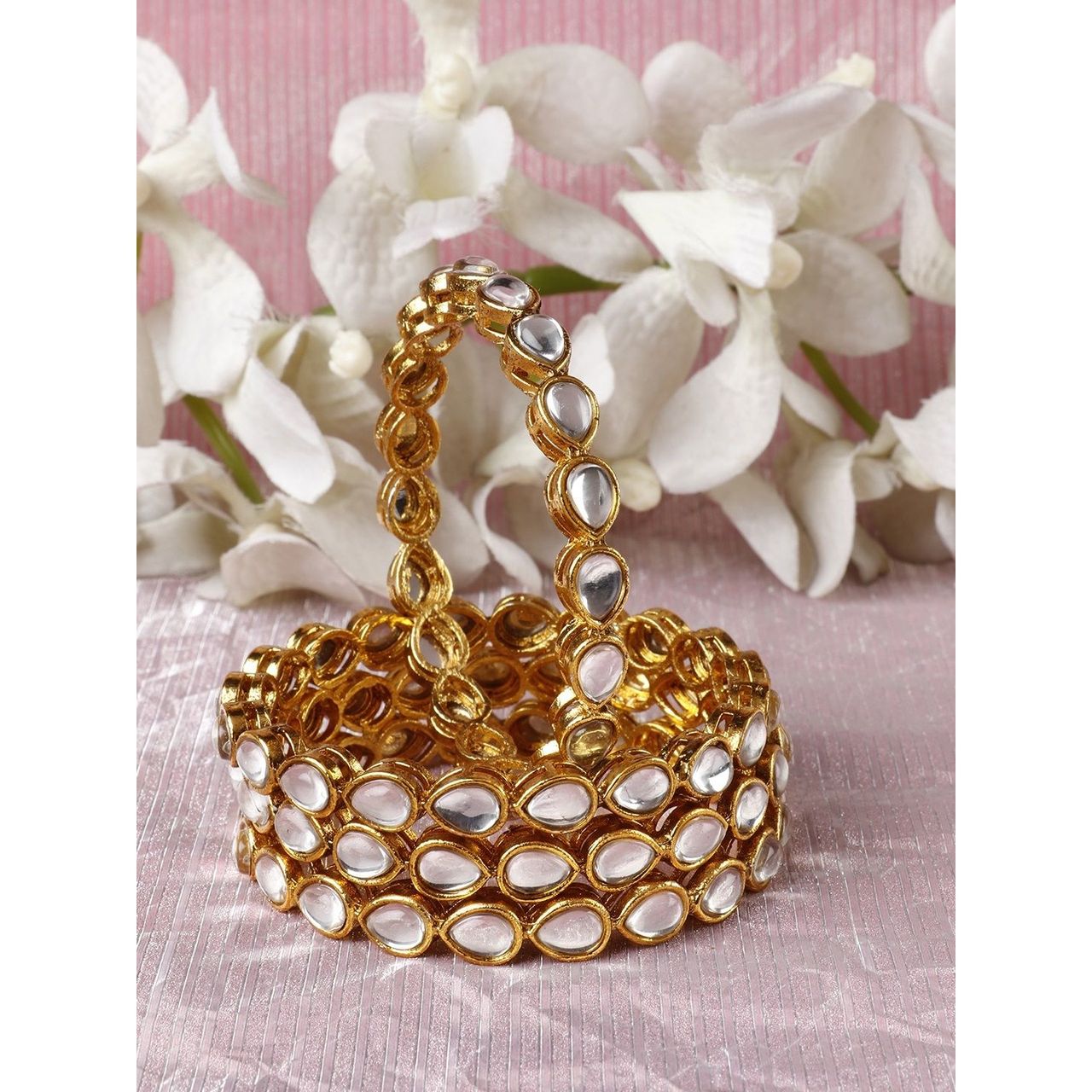 Priyaasi Set of 4 Gold-Plated Drop Shaped Kundan Studded Bangles