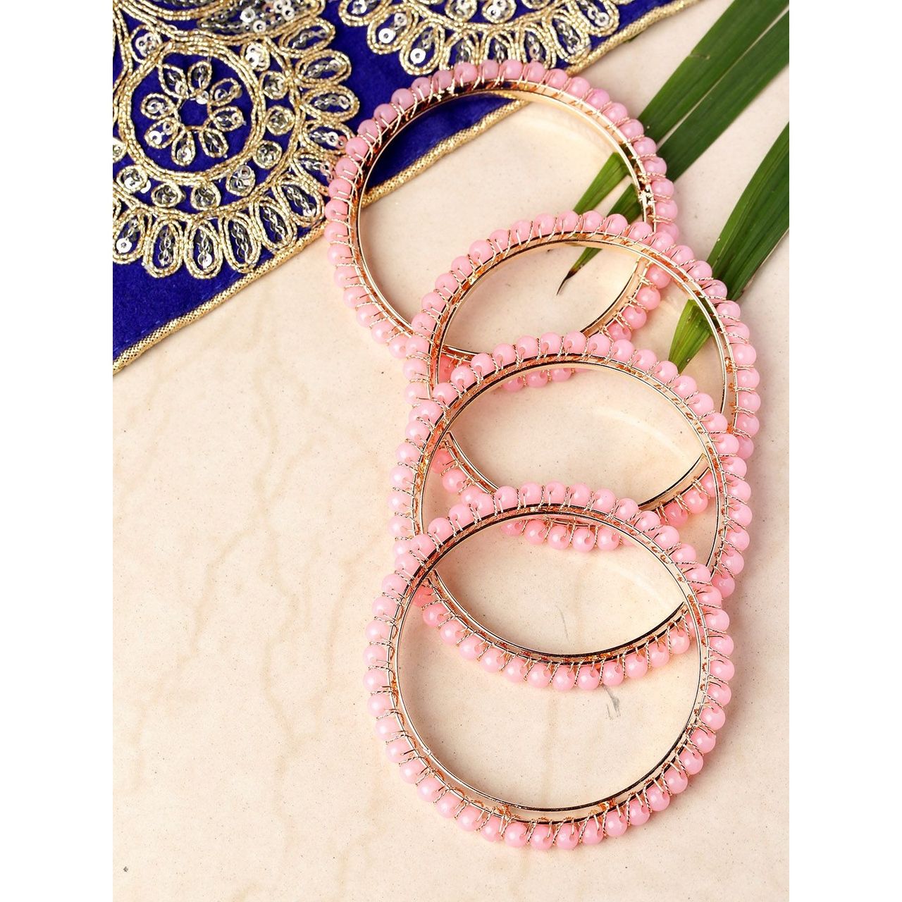 Priyaasi Set Of 4 Gold-Plated Pink Beaded Bangles