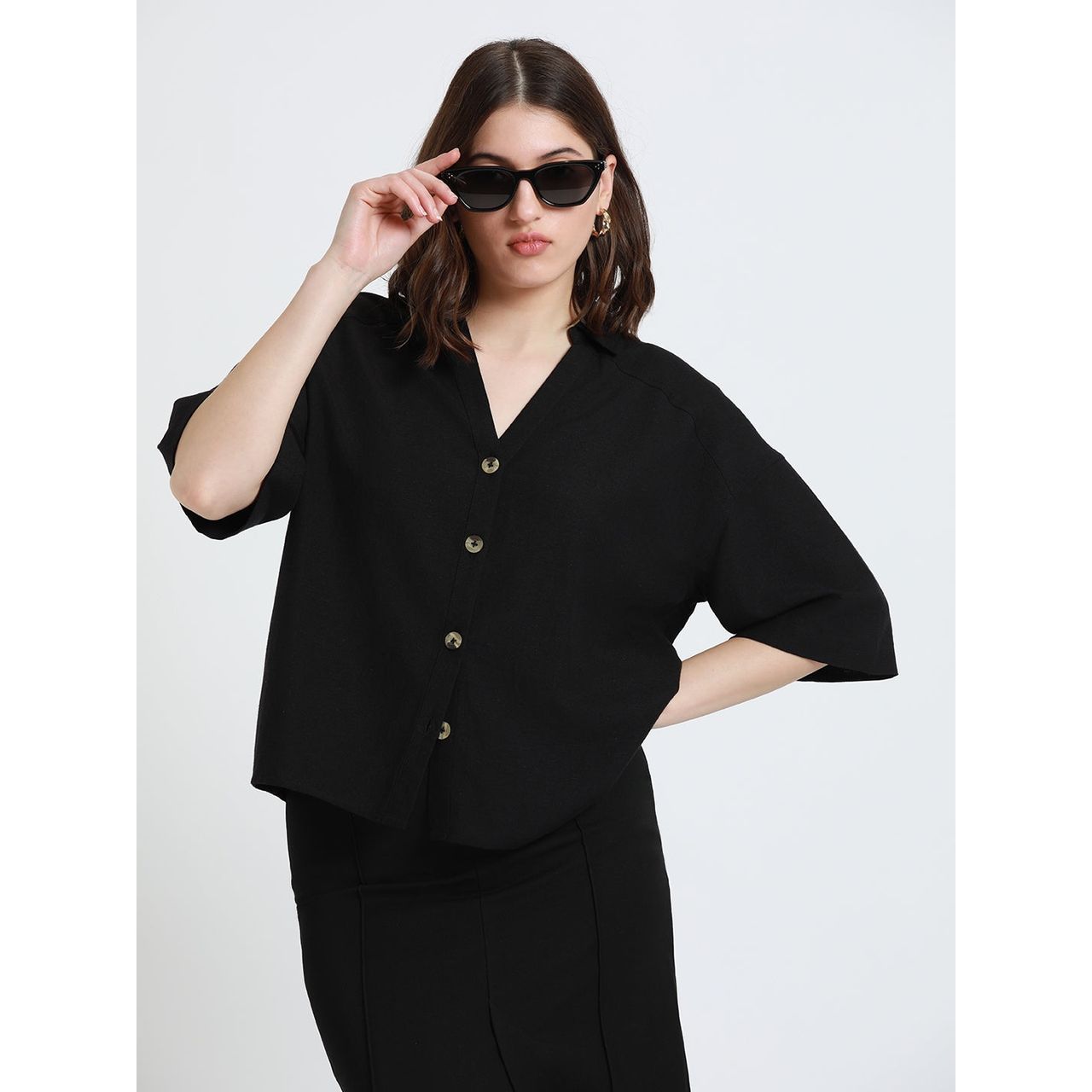 DL Women's Drop Shoulder Casual Oversized Shirt | DLWSHW23005 | Black - L