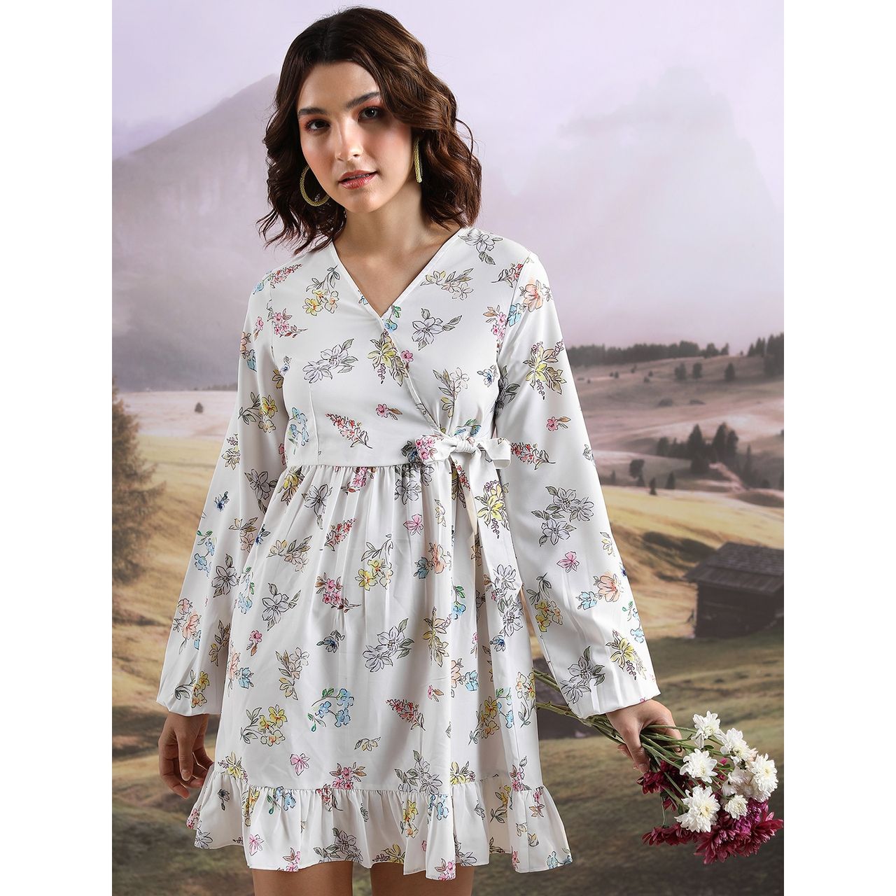 Ketch Women's Floral Printed Cuffed Sleeve Ruffled Wrap Dress | Off White | Xl