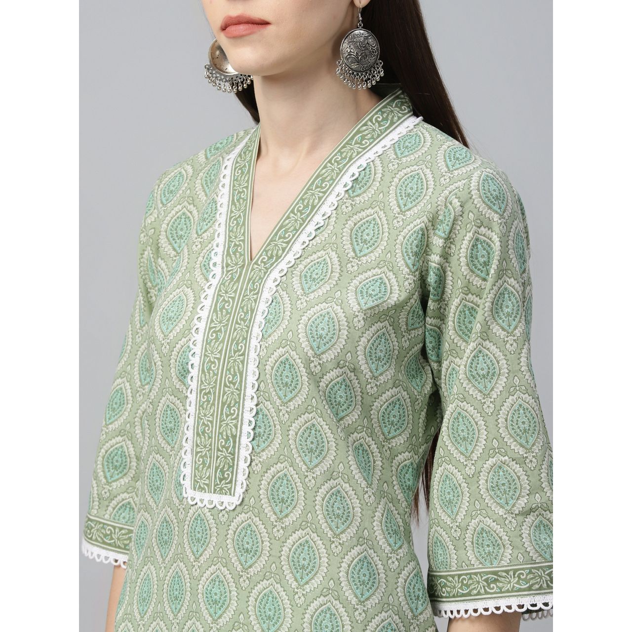 Libas Women's Green Printed Cotton Straight Suit With Dupatta | S