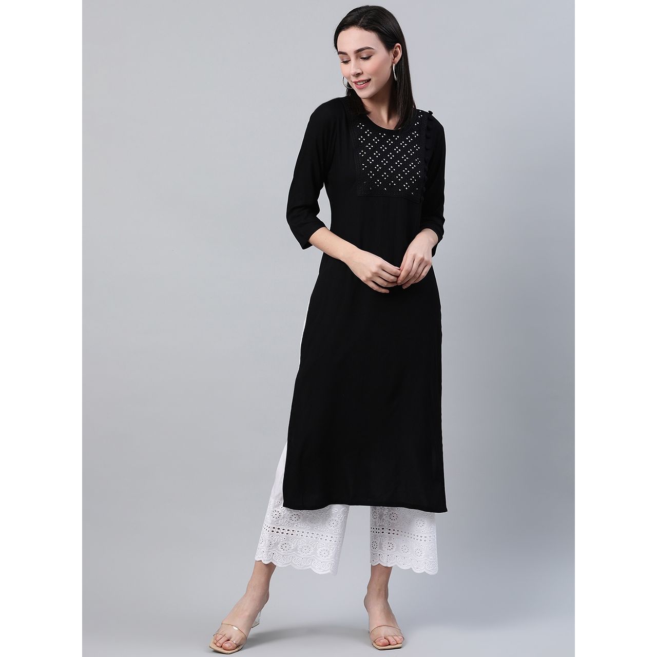 Libas Women's Black Embroidered Rayon Kurta | 12079 - M