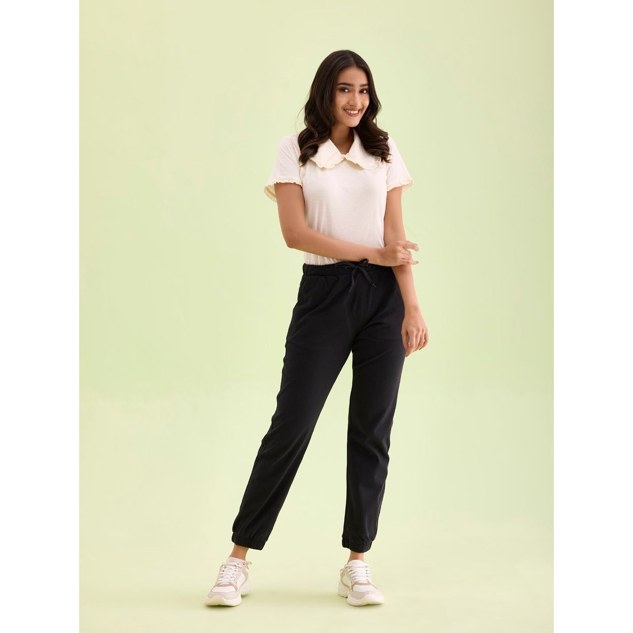 Go Colors Women's Solid Cotton Cuffed Joggers | LJ07 | Black - M