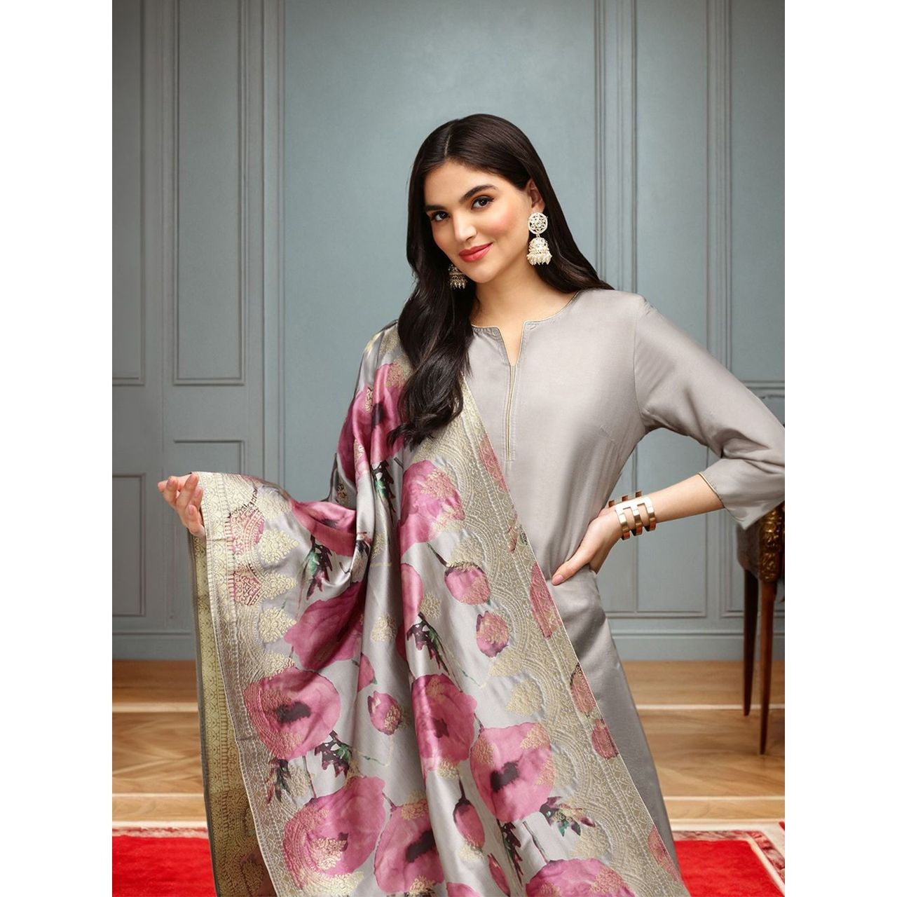 Ishin Women Kurta Set with Dupatta | INWSDS24400 | Grey - M
