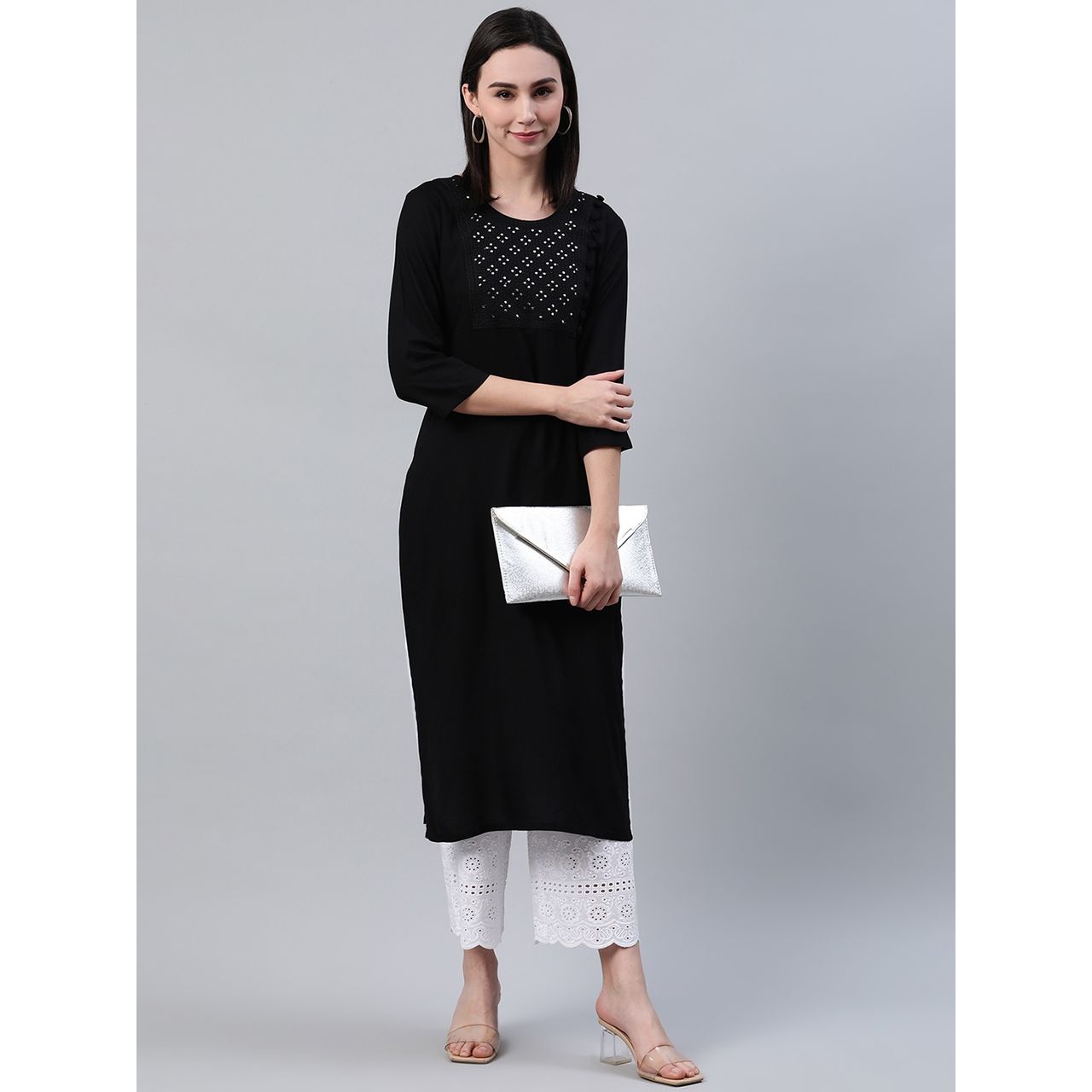 Libas Women's Black Embroidered Rayon Kurta | 12079 - M