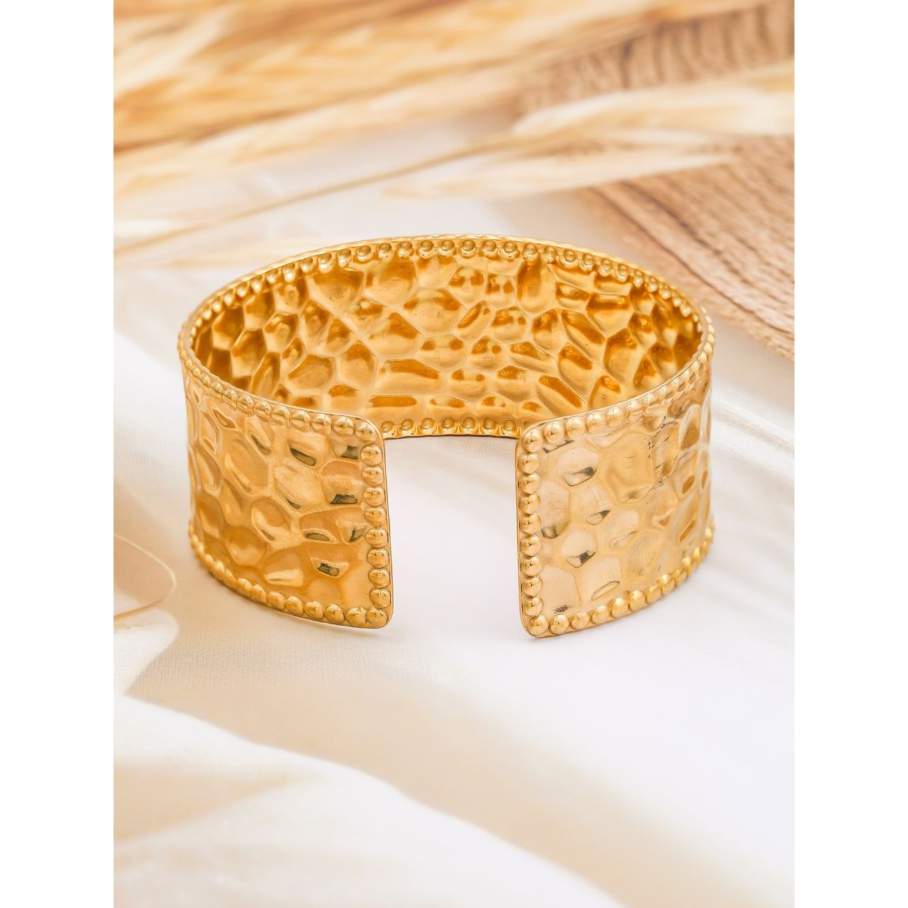 Rubans 22K Gold-Plated Textured Free Size Statement Cuff Bracelet