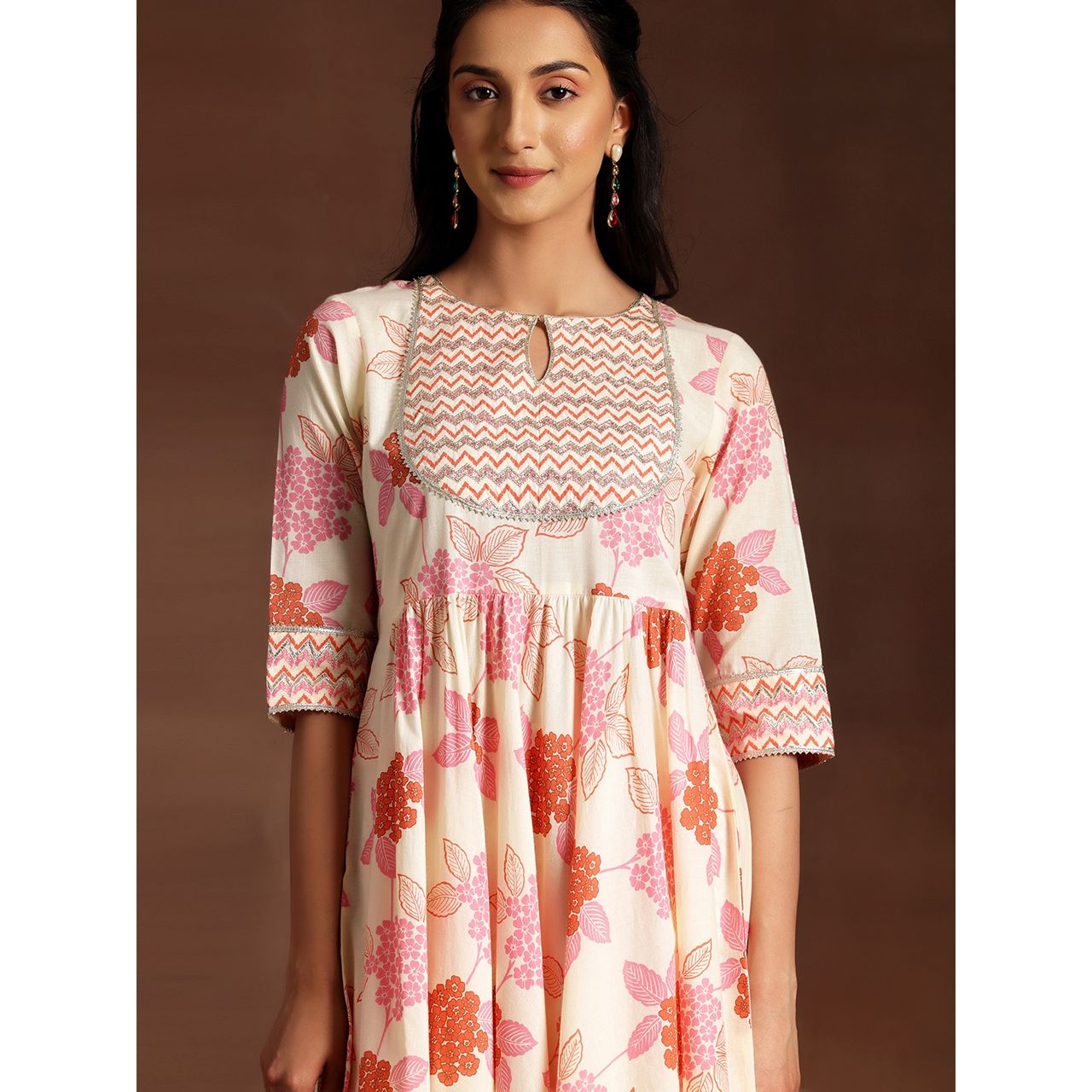 Libas Women's Orange Printed Cotton Anarkali Suit With Dupatta | M