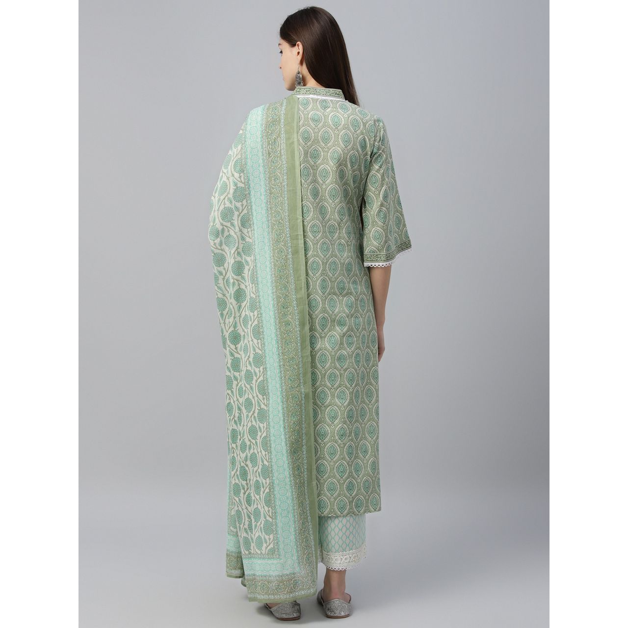 Libas Women's Green Printed Cotton Straight Suit With Dupatta | S