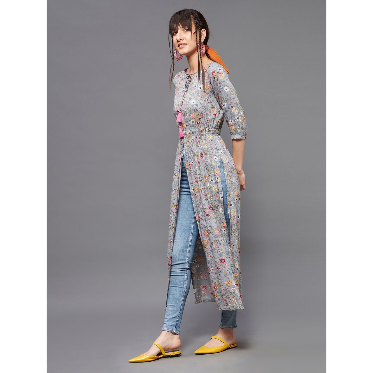 Miss Chase Write Your Name Tie - Up Maxi Top | Multicolored | Base-Grey - L