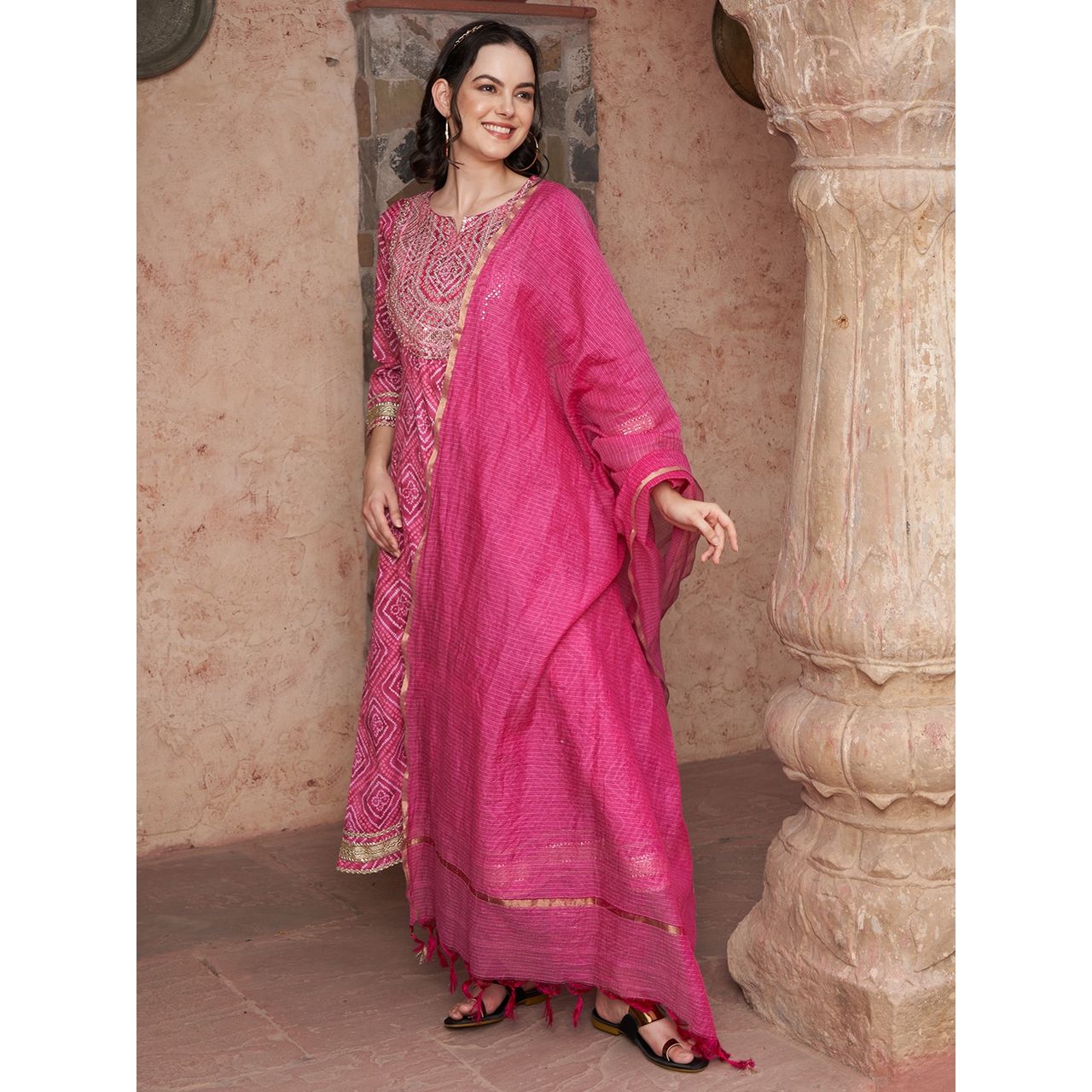 Bandia Women's Bandhej Sequins Anarkali Kurta Trouser Set with Dupatta | BANKS0048 | Wine | S