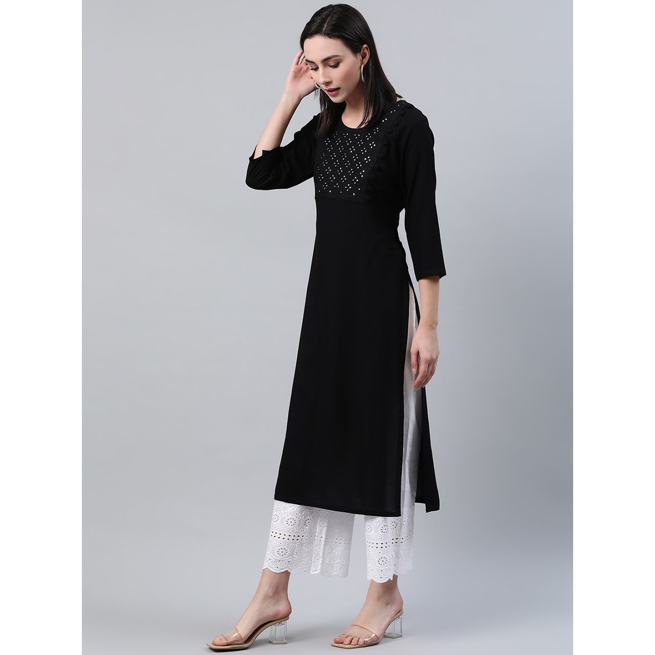 Libas Women's Black Embroidered Rayon Kurta | 12079 - M