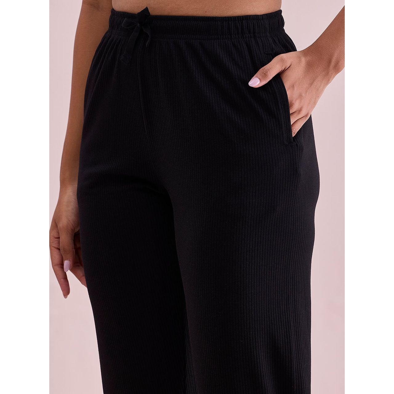 Go Colors Women's Solid Mid Rise Casual Rib Pants | LPZ4 | Black - M