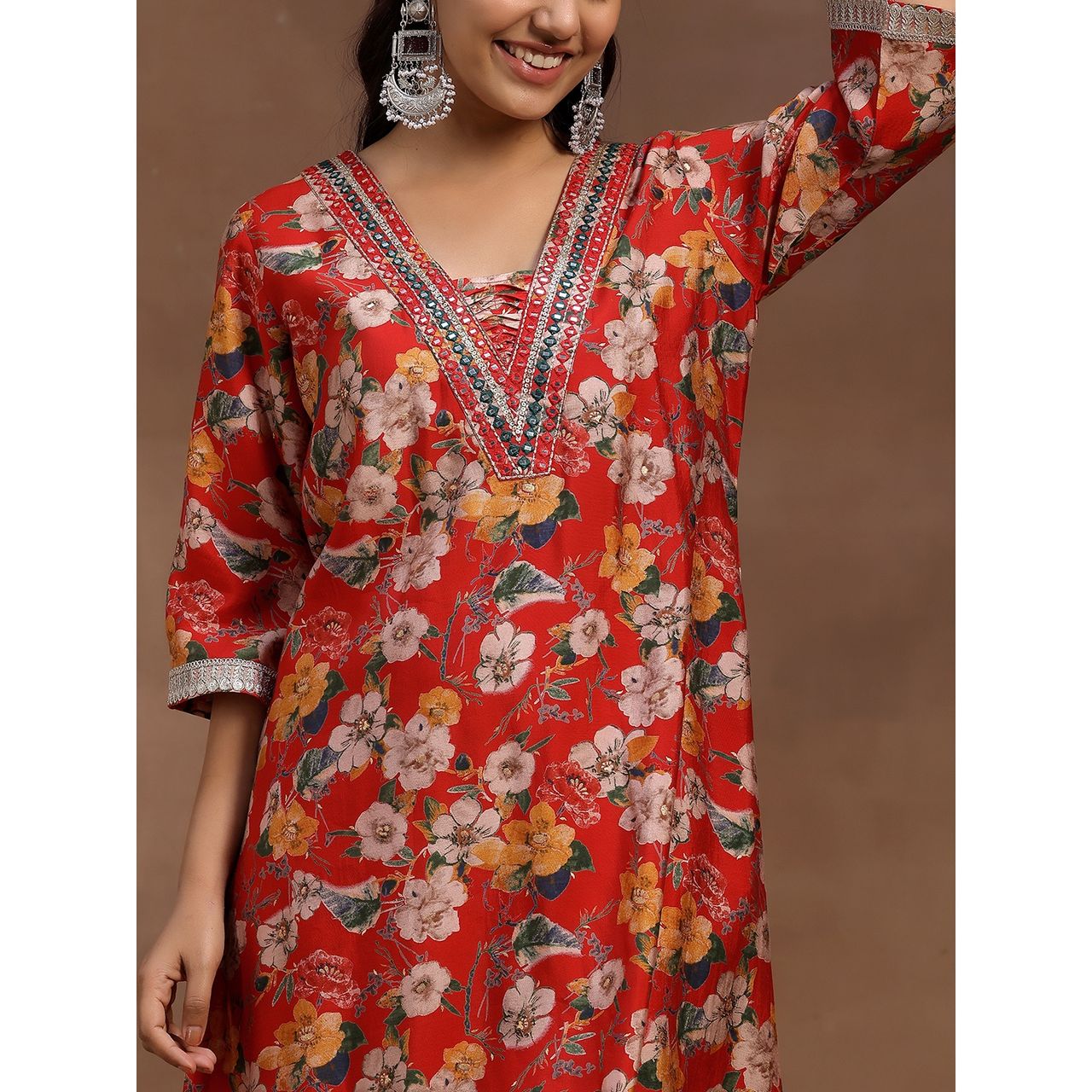 Libas Women's Red Printed Silk Blend Co-Ords | S