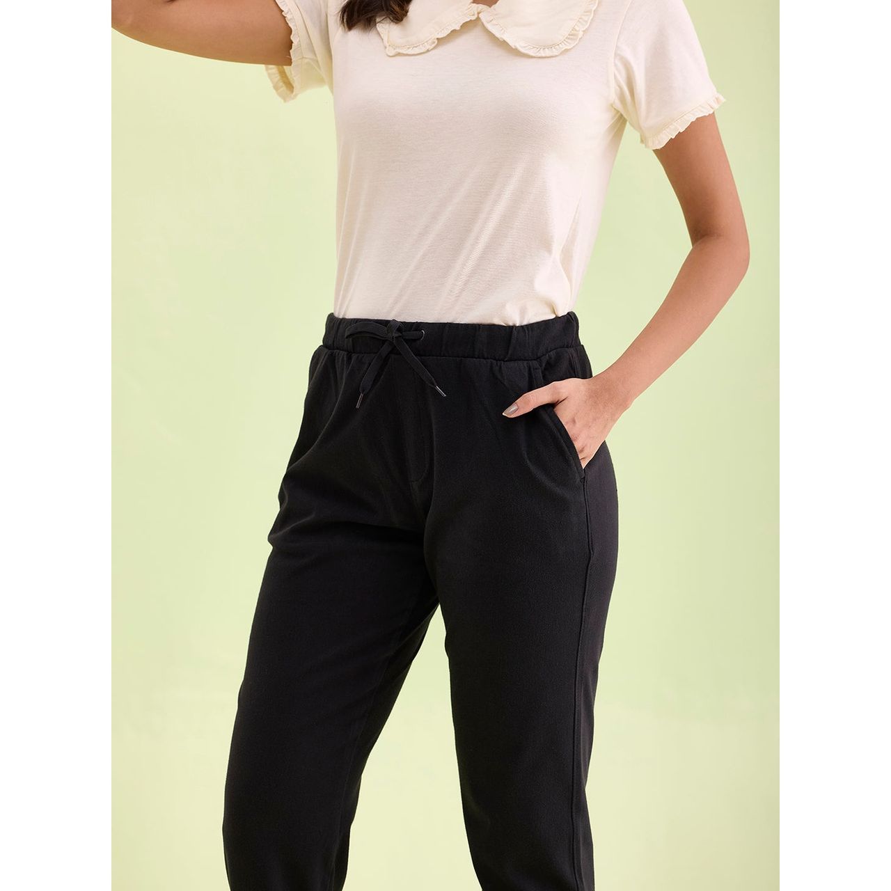 Go Colors Women's Solid Cotton Cuffed Joggers | LJ07 | Black - M