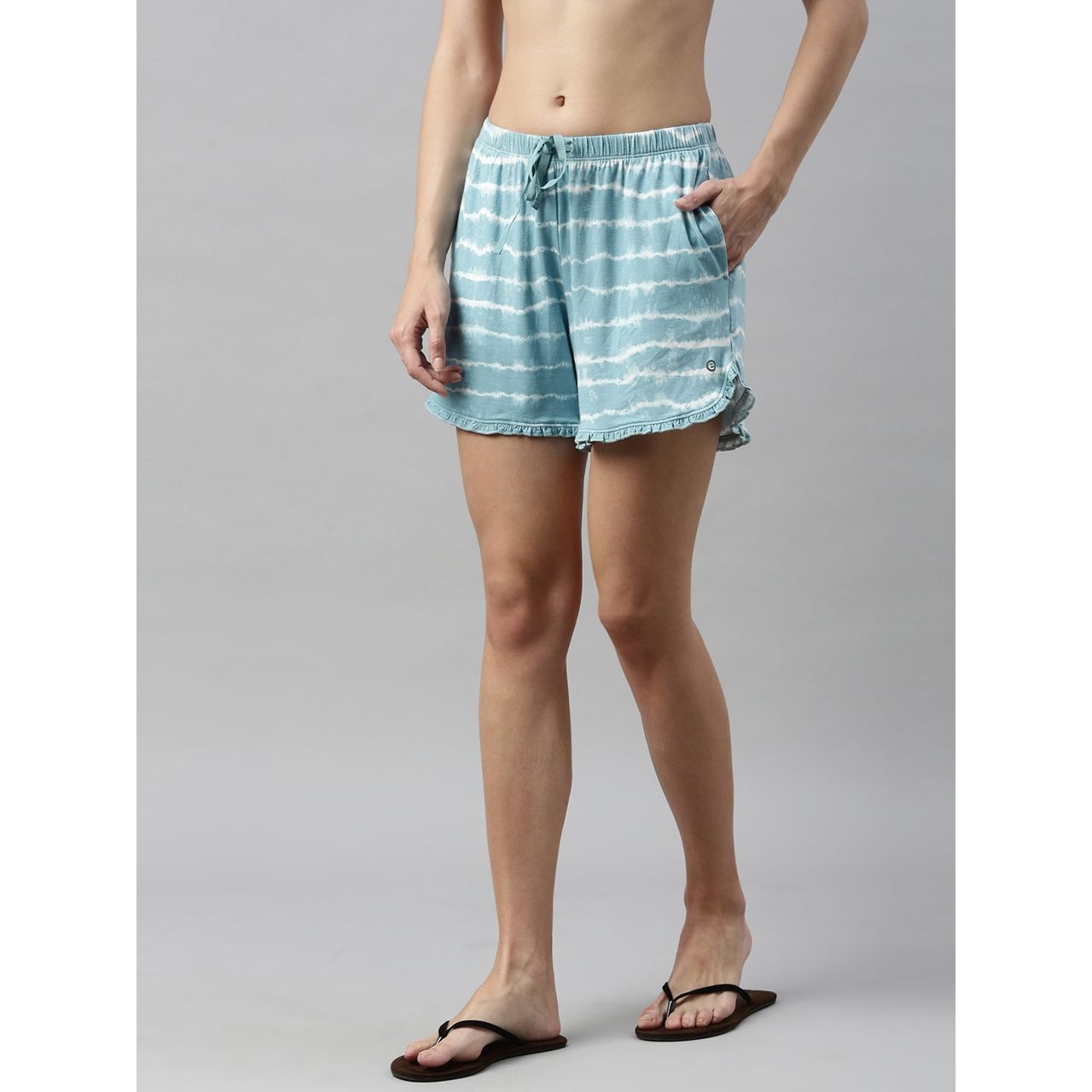 Enamor Essentials EC14 Women s Viscose Printed Ruffled Trim Tee And Shorts Set | Bali Green | S
