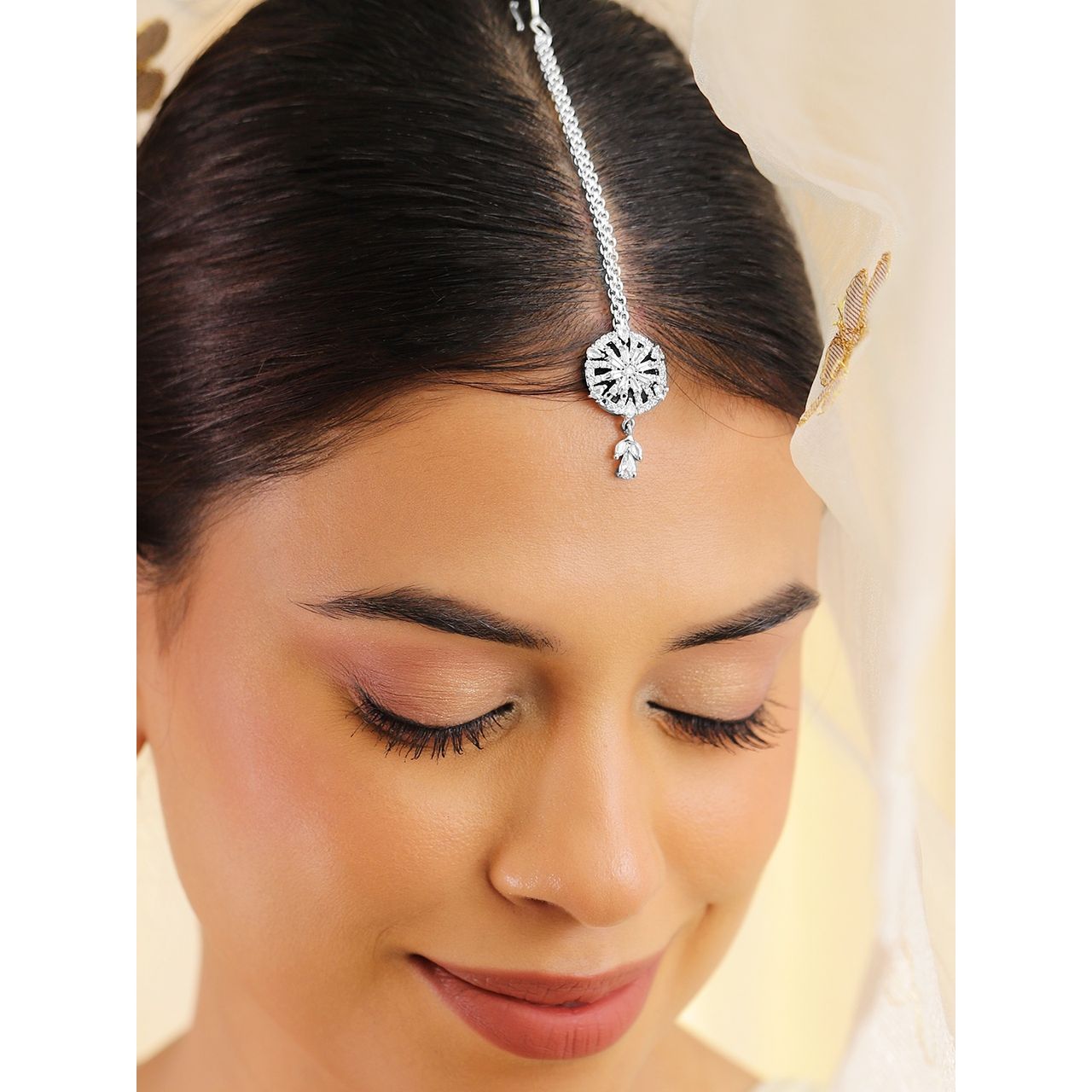 Rubans Rhodium-Plated Cubic Zirconia Studded Maang Tikka Head Jewellery