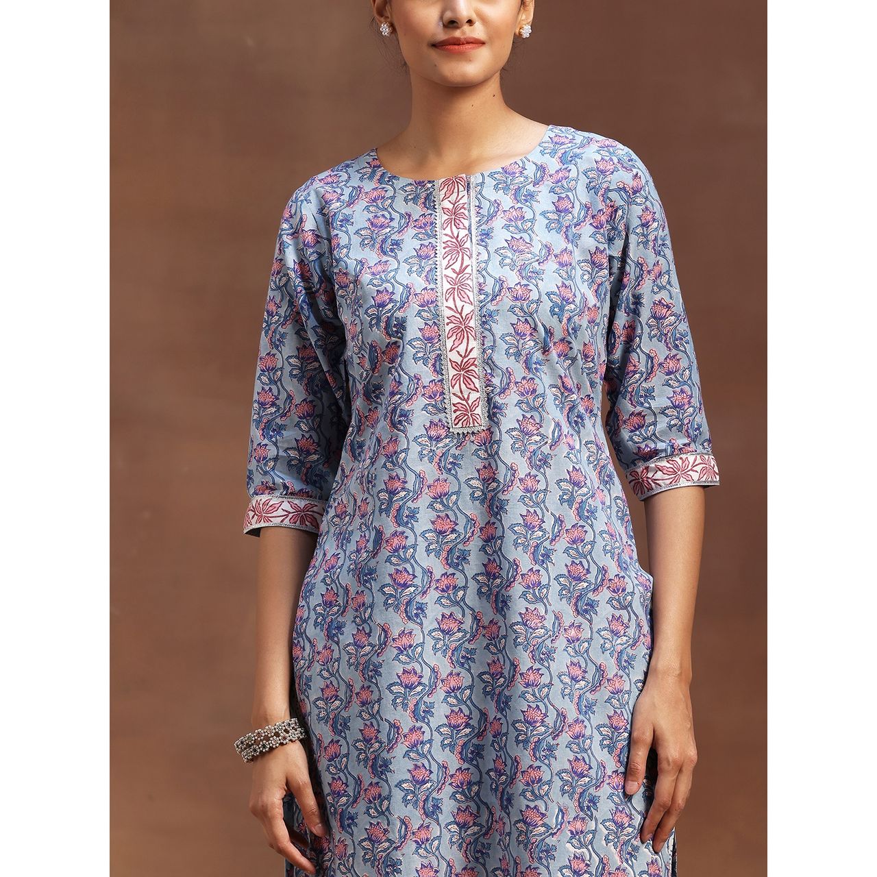 Libas Women's Blue Printed Cotton Straight Suit With Dupatta | L