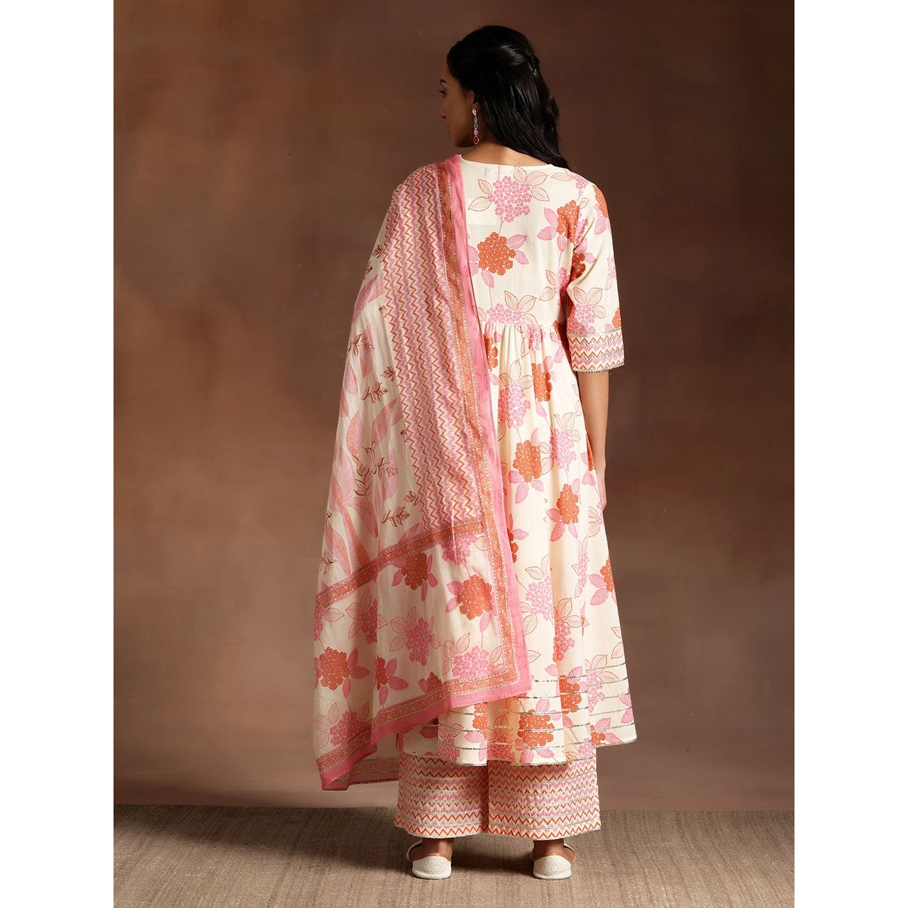 Libas Women's Orange Printed Cotton Anarkali Suit With Dupatta | M