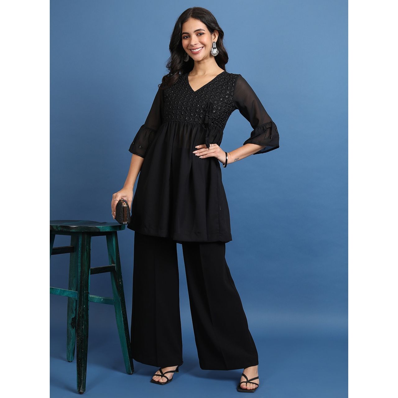 Ketch Women's Floral Embroidered Sequinned A-Line Angrakha Kurti | Black | Xl