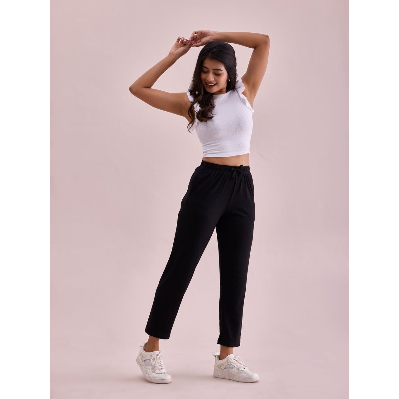 Go Colors Women's Solid Mid Rise Casual Rib Pants | LPZ4 | Black - M