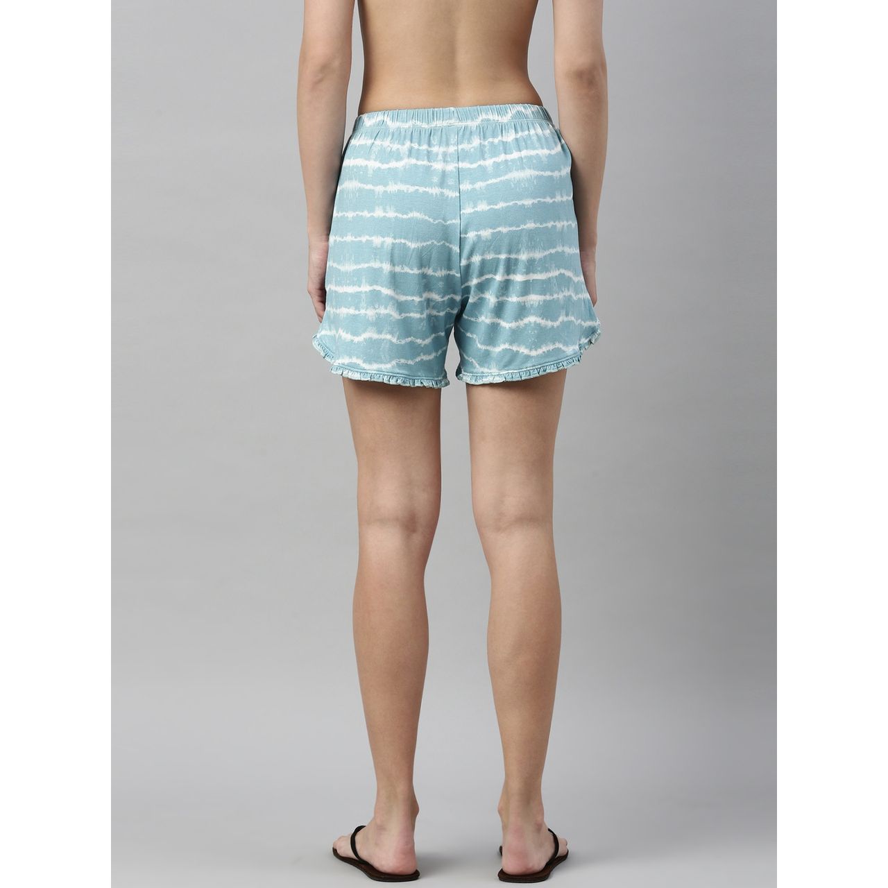 Enamor Essentials EC14 Women s Viscose Printed Ruffled Trim Tee And Shorts Set | Bali Green | S