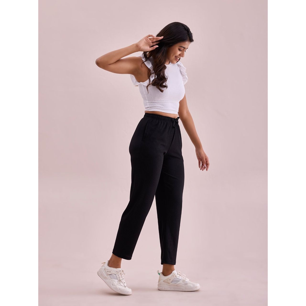 Go Colors Women's Solid Mid Rise Casual Rib Pants | LPZ4 | Black - M